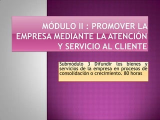 Módulo II : Promover la empresa mediante la atención y servicio al cliente Submódulo3 Difundir los bienes y servicios de la empresa en procesos de consolidación o crecimiento. 80 horas 
