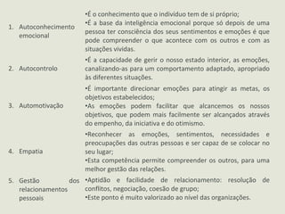 1. Autoconhecimento
emocional
•É o conhecimento que o indivíduo tem de si próprio;
•É a base da inteligência emocional porque só depois de uma
pessoa ter consciência dos seus sentimentos e emoções é que
pode compreender o que acontece com os outros e com as
situações vividas.
2. Autocontrolo
•É a capacidade de gerir o nosso estado interior, as emoções,
canalizando-as para um comportamento adaptado, apropriado
às diferentes situações.
3. Automotivação
•É importante direcionar emoções para atingir as metas, os
objetivos estabelecidos;
•As emoções podem facilitar que alcancemos os nossos
objetivos, que podem mais facilmente ser alcançados através
do empenho, da iniciativa e do otimismo.
4. Empatia
•Reconhecer as emoções, sentimentos, necessidades e
preocupações das outras pessoas e ser capaz de se colocar no
seu lugar;
•Esta competência permite compreender os outros, para uma
melhor gestão das relações.
5. Gestão dos
relacionamentos
pessoais
•Aptidão e facilidade de relacionamento: resolução de
conflitos, negociação, coesão de grupo;
•Este ponto é muito valorizado ao nível das organizações.
 