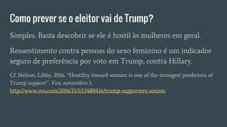 Como prever se o eleitor vai de Trump?
Simples. Basta descobrir se ele é hostil às mulheres em geral.
Ressentimento contra pessoas do sexo feminino é um indicador
seguro de preferência por voto em Trump, contra Hillary.
Cf. Nelson, Libby. 2016. “Hostility toward women is one of the strongest predictors of
Trump support”. Vox. novembro 1.
http://www.vox.com/2016/11/1/13480416/trump-supporters-sexism.
 