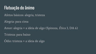 Flutuação do ânimo
Afetos básicos: alegria, tristeza
Alegria: para cima
Amor: alegria + a ideia de algo (Spinoza, Ética 3, DA 6)
Tristeza: para baixo
Ódio: tristeza + a ideia de algo
 