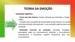 TEORIA DA EMOÇÃO
+ Avaliação cognitiva:
- Teoria dos dois fatores: Estudo realizado por Schachter e Singer
(1962).
- Emoção como resultado da combinação de dois fatores: um estado
inicial de excitação não explicada + uma avaliação cognitiva para essa
excitação.
- Atribuição incorreta da excitação: excitação fisiológica
prolongada pode ser erroneamente atribuída a circunstâncias
subsequentes e intensificar reações emocionais para tais
circunstâncias.
ABORDAGEM
PSICOLÓGICA
CONSTRUCIONISTA
DAS EMOÇÕES
 