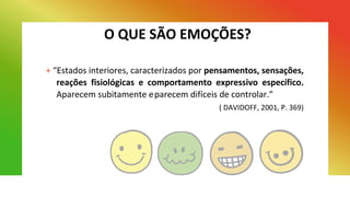 O QUE SÃO EMOÇÕES?
+ “Estados interiores, caracterizados por pensamentos, sensações,
reações fisiológicas e comportamento expressivo específico.
Aparecem subitamente eparecem difíceis de controlar.”
( DAVIDOFF, 2001, P. 369)
 
