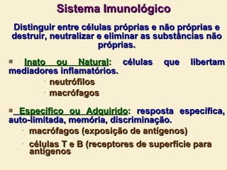 Sistema Imunológico Distinguir entre células próprias e não próprias e destruir, neutralizar e eliminar as substâncias não próprias. Inato ou Natural :  células que libertam mediadores inflamatórios. neutrófilos macrófagos Específico ou Adquirido :  resposta específica, auto-limitada, memória, discriminação. macrófagos (exposição de antígenos) células T e B (receptores de superfície para  antígenos 