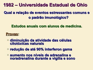 1982 – Universidade Estadual de Ohio Qual a relação de eventos estressantes comuns e o padrão imunológico? Estudos anuais com alunos de medicina. Provas : diminuição da atividade das células citotóxicas naturais redução de até 90% interferon gama aumento nos níveis de adrenalina e noradrenalina durante a vigília e sono 