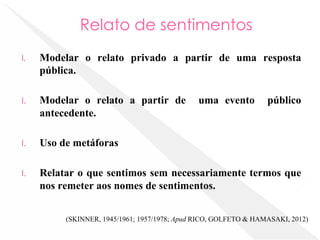 Relato de sentimentos
I. Modelar o relato privado a partir de uma resposta
pública.
I. Modelar o relato a partir de uma evento público
antecedente.
I. Uso de metáforas
I. Relatar o que sentimos sem necessariamente termos que
nos remeter aos nomes de sentimentos.
(SKINNER, 1945/1961; 1957/1978; Apud RICO, GOLFETO & HAMASAKI, 2012)
 