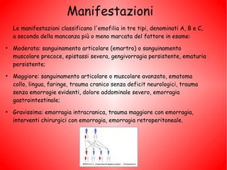 Manifestazioni
    Le manifestazioni classificano l'emofilia in tre tipi, denominati A, B e C,
    a seconda della mancanza più o meno marcata del fattore in esame:
●
    Moderata: sanguinamento articolare (emartro) o sanguinamento
    muscolare precoce, epistassi severa, gengivorragia persistente, ematuria
    persistente;
●
    Maggiore: sanguinamento articolare o muscolare avanzato, ematoma
    collo, lingua, faringe, trauma cranico senza deficit neurologici, trauma
    senza emorragie evidenti, dolore addominale severo, emorragia
    gastrointestinale;
●
    Gravissima: emorragia intracranica, trauma maggiore con emorragia,
    interventi chirurgici con emorragia, emorragia retroperitoneale.
 