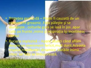 • Tristeţea profundă – Poate fi cauzată de un
  eveniment groaznic .Faţa păleşte şi se
  alungeşte , colţurile gurii se lasă în jos ,apar
  cute pe frunte ,inima şi respiraţia îşi încetinesc
  ritmul.
• Bucuria explozivă – Apare atunci când aflăm
  despre un eveniment fericit,mult dorit.Aceasta
  implică manifestări dinamice ,bătăile inimii
  cresc iar faţa se îmbujorează.
 