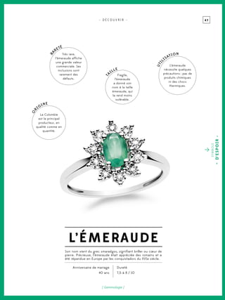 4 7- D É C O U V R I R -
[ Gemmologie ]
symbole
-d’espoir-
L’émeraude
O
r
igine
La Colombie
est le principal
producteur, en
qualité comme en
quantité.
Ta
ille
Fragile,
l’émeraude
a donné son
nom à la taille
émeraude, qui
la rend moins
vulérable.
Ra
reté
Très rare,
l’émeraude affiche
une grande valeur
commerciale. Ses
inclusions sont
rarement des
défauts.
uTIL
ISATION
L’émeraude
nécessite quelques
précautions : pas de
produits chimiques
ni des chocs
thermiques.
Anniversaire de mariage
40 ans
Dureté
7,5 à 8 / 10
Son nom vient du grec smaradgos, signifiant briller ou cœur de
pierre. Précieuse, l’émeraude était appréciée des romains et a
été répandue en Europe par les conquistadors du XVIe siècle.
 