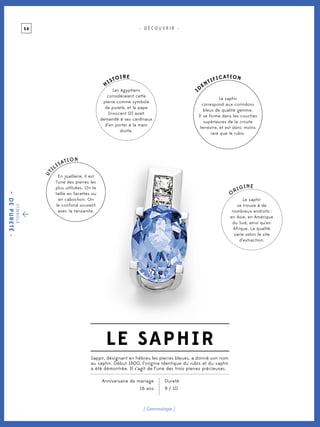 5 0
[ Gemmologie ]
- D É C O U V R I R -
symbole
-depureté-
le saphir
O
rigine
Le saphir
se trouve à de
nombreux endroits :
en Asie, en Amérique
du Sud, ainsi qu’en
Afrique. La qualité
varie selon le site
d’extraction.
i
d
entification
Le saphir
correspond aux corindons
bleus de qualité gemme.
Il se forme dans les couches
supérieures de la croute
terrestre, et est donc moins
rare que le rubis.
uT
ILISATION
En joaillerie, il est
l’une des pierres les
plus utilisées. On le
taille en facettes ou
en cabochon. On
le confond souvent
avec la tanzanite.
hISTOIRE
Les égyptiens
considéraient cette
pierre comme symbole
de pureté, et le pape
Innocent III avait
demandé à ses cardinaux
d’en porter à la main
droite.
Anniversaire de mariage
16 ans
Dureté
9 / 10
Sappir, désignant en hébreu les pierres bleues, a donné son nom
au saphir. Début 1800, l’origine identique du rubis et du saphir
a été démontrée. Il s’agit de l’une des trois pierres précieuses.
 