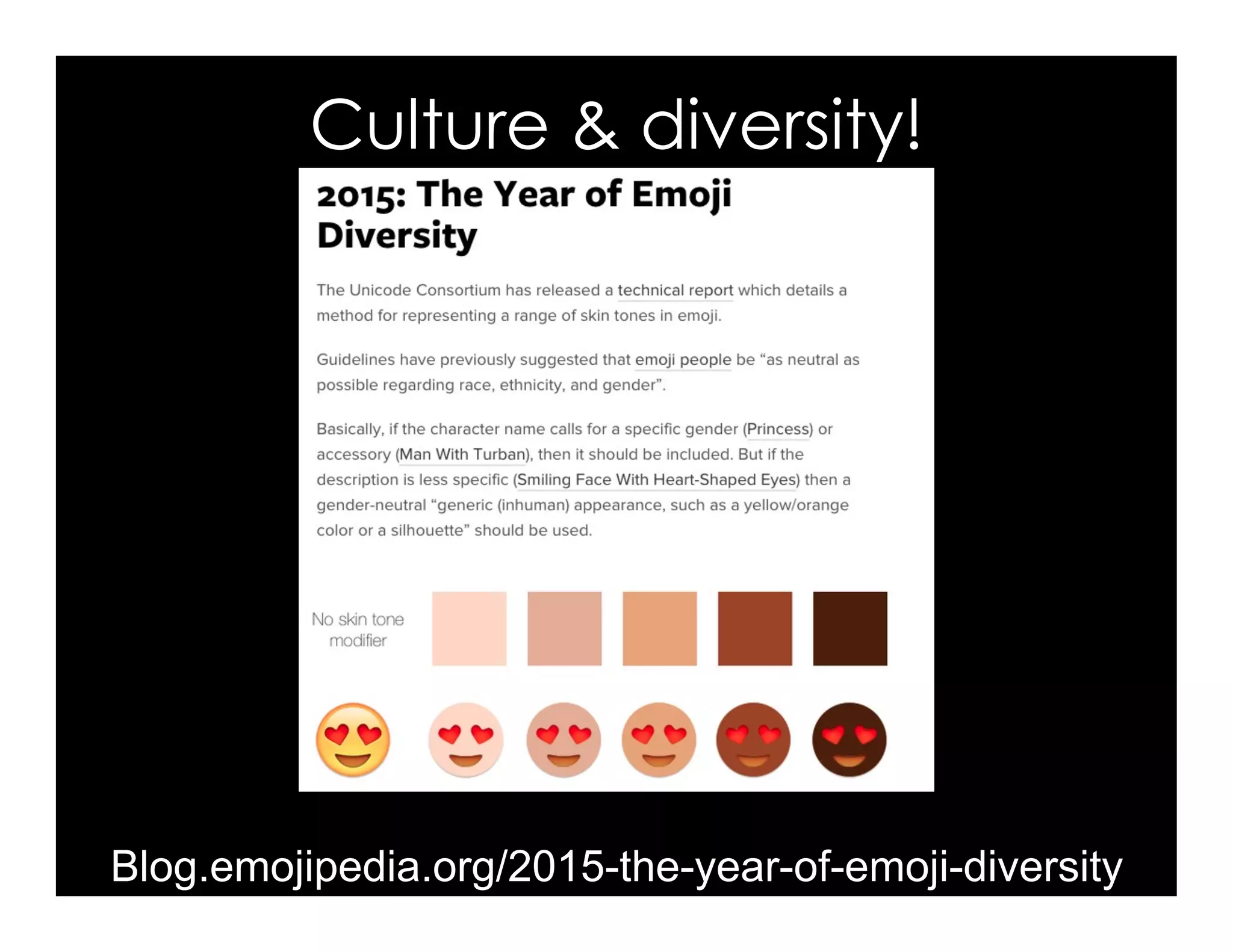 Culture & diversity!
Blog.emojipedia.org/2015-the-year-of-emoji-diversity
 