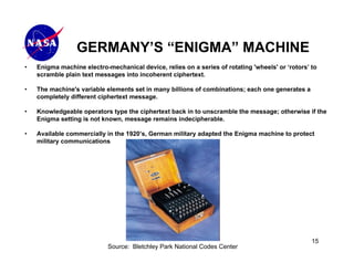 GERMANY’S “ENIGMA” MACHINE
•   Enigma machine electro-mechanical device, relies on a series of rotating 'wheels' or ‘rotors’ to
    scramble plain text messages into incoherent ciphertext.

•   The machine's variable elements set in many billions of combinations; each one generates a
    completely different ciphertext message.

•   Knowledgeable operators type the ciphertext back in to unscramble the message; otherwise if the
    Enigma setting is not known, message remains indecipherable.

•   Available commercially in the 1920’s, German military adapted the Enigma machine to protect
    military communications




                                                                                                  15
                            Source: Bletchley Park National Codes Center
 