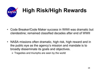 High Risk/High Rewards


• Code Breaker/Code Maker success in WWII was dramatic but
  clandestine; remained classified decades after end of WWII

• NASA missions often dramatic, high risk, high reward and in
  the public eye as the agency’s mission and mandate is to
  broadly disseminate its goals and objectives.
     Tragedies and triumphs are seen by the world




                                                          28
 