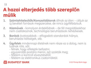 11

A hazai elterjedés több szereplőn
múlik
1.   Számlahitelesítők/Konszolidátorok állnak az élen – céljuk az
     új bevételi források megszerzése, de nincs ügyfélbázisuk.
2.   Közművek - komolyan érdeklődnek – de fél megoldásokhoz
     nem csatlakoznak, technológiai beruházások nehézkesek.
3.   Bankok óvatosabbak – elfogadott standardok hiánya,
     beruházási költségek, stb.
4.   Ügyfelek mindennapi életének nem része ez a dolog, nem is
     tudnak róla, sőt:
     - félnek, hogy elfelejtik befizetni;
     - egyszerűbb postára menni, azt szokták meg;
     - félelem a kontroll elvesztésétől;
     - félelem az elektronikus csatornáktól.
                                                   A GE Money Bank tagja
 