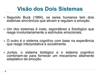 Visão dos Dois Sistemas 
 Segundo Buck (1984), os seres humanos tem dois 
sistemas sincrônicos que ativam e regulam a emoção. 
 Um dos sistemas é inato, espontâneo e fisiológico que 
reage involuntariamente a estímulos emocionais. 
 O outro é o sistema cognitivo com base na experiência 
que reage interpretativa e socialmente. 
 Juntos, o sistema biológico e o sistema cognitivo 
combinam-se para fornecer um mecanismo altamente 
adaptativo da emoção. 
 