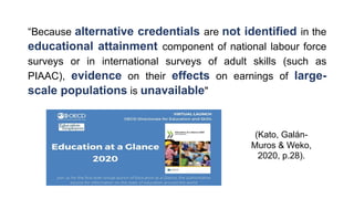 “Because alternative credentials are not identified in the
educational attainment component of national labour force
surveys or in international surveys of adult skills (such as
PIAAC), evidence on their effects on earnings of large-
scale populations is unavailable"
(Kato, Galán-
Muros & Weko,
2020, p.28).
 