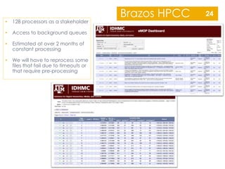 Brazos HPCC
• 128 processors as a stakeholder
• Access to background queues
• Estimated at over 2 months of
constant proce...