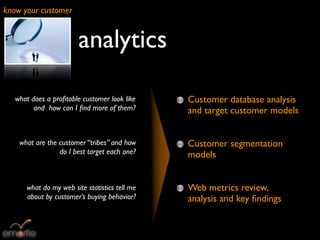 know your customer


                        analytics

   what does a proﬁtable customer look like    Customer database analysis
         and how can I ﬁnd more of them?       and target customer models


    what are the customer “tribes” and how     Customer segmentation
                 do I best target each one?    models


      what do my web site statistics tell me   Web metrics review,
      about by customer’s buying behavior?     analysis and key ﬁndings
 