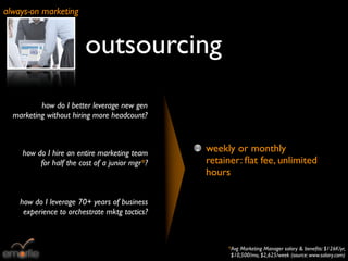 always-on marketing


                        outsourcing
          how do I better leverage new gen
  marketing without hiring more headcount?



    how do I hire an entire marketing team     weekly or monthly
         for half the cost of a junior mgr*?   retainer: ﬂat fee, unlimited
                                               hours

    how do I leverage 70+ years of business
     experience to orchestrate mktg tactics?



                                                    *Avg Marketing Manager salary & beneﬁts: $126K/yr,
                                                     $10,500/mo, $2,625/week (source: www.salary.com)
 