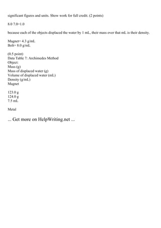 significant figures and units. Show work for full credit. (2 points)
8.0 7.0=1.0
because each of the objects displaced the water by 1 mL, their mass over that mL is their density.
Magnet= 4.3 g/mL
Bolt= 8.0 g/mL
(0.5 point)
Data Table 7: Archimedes Method
Object:
Mass (g)
Mass of displaced water (g)
Volume of displaced water (mL)
Density (g/mL)
Magnet
123.0 g
124.0 g
7.5 mL
Metal
... Get more on HelpWriting.net ...
 
