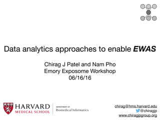 Data analytics approaches to enable EWAS
Chirag J Patel and Nam Pho

Emory Exposome Workshop

06/16/16
chirag@hms.harvard.edu
@chiragjp
www.chiragjpgroup.org
 