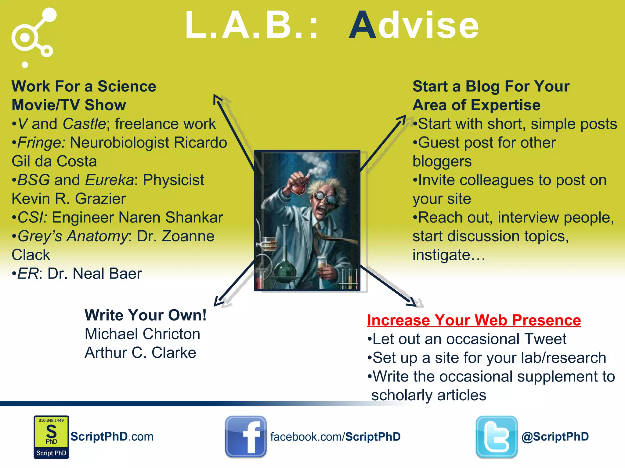 L.A.B.:  A dvise Start a Blog For Your  Area of Expertise • Start with short, simple posts • Guest post for other bloggers • Invite colleagues to post on your site • Reach out, interview people, start discussion topics, instigate… Increase Your Web Presence • Let out an occasional Tweet • Set up a site for your lab/research • Write the occasional supplement to scholarly articles Work For a Science Movie/TV Show • V  and  Castle ; freelance work • Fringe:  Neurobiologist Ricardo Gil da Costa • BSG  and  Eureka : Physicist Kevin R. Grazier • CSI:  Engineer Naren Shankar • Grey ’s Anatomy : Dr. Zoanne Clack • ER : Dr. Neal Baer Write Your Own! Michael Chricton Arthur C. Clarke 