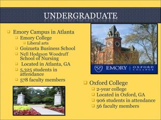 Emory Campus in Atlanta Emory College  Liberal arts  Goizueta Business School  Nell Hodgson Woodruff  School of Nursing Located in Atlanta, GA  5,325 students in attendance  578 faculty members  Oxford College  2-year college  Located in Oxford, GA  906 students in attendance  56 faculty members  