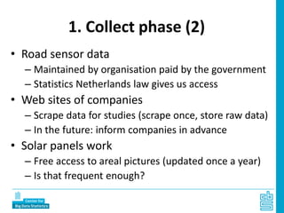 1. Collect phase (2)
• Road sensor data
– Maintained by organisation paid by the government
– Statistics Netherlands law gives us access
• Web sites of companies
– Scrape data for studies (scrape once, store raw data)
– In the future: inform companies in advance
• Solar panels work
– Free access to areal pictures (updated once a year)
– Is that frequent enough?
 