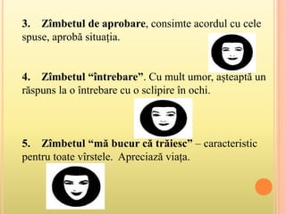 3. Zîmbetul de aprobare, consimte acordul cu cele
spuse, aprobă situația.
4. Zîmbetul “întrebare”. Cu mult umor, așteaptă un
răspuns la o întrebare cu o sclipire în ochi.
5. Zîmbetul “mă bucur că trăiesc” – caracteristic
pentru toate vîrstele. Apreciază viața.
 