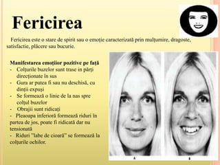 Fericirea
Fericirea este o stare de spirit sau o emoție caracterizată prin mulțumire, dragoste,
satisfactie, plăcere sau bucurie.
Manifestarea emoțiior pozitive pe față
- Colțurile buzelor sunt trase in părți
direcționate în sus
- Gura ar putea fi sau nu deschisă, cu
dinții expuși
- Se formează o linie de la nas spre
colțul buzelor
- Obrajii sunt ridicați
- Pleaoapa inferioră formează riduri în
partea de jos, poate fi ridicată dar nu
tensionată
- Riduri ”labe de cioară” se formează la
colțurile ochilor.
 