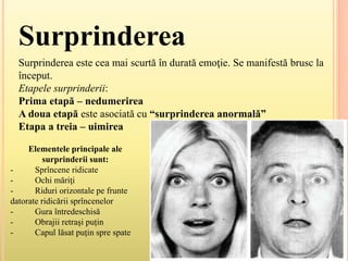 Surprinderea
Surprinderea este cea mai scurtă în durată emoţie. Se manifestă brusc la
început.
Etapele surprinderii:
Prima etapă – nedumerirea
A doua etapă este asociată cu “surprinderea anormală”
Etapa a treia – uimirea
Elementele principale ale
surprinderii sunt:
- Sprîncene ridicate
- Ochi măriţi
- Riduri orizontale pe frunte
datorate ridicării sprîncenelor
- Gura întredeschisă
- Obrajii retraşi puțin
- Capul lăsat puțin spre spate
 