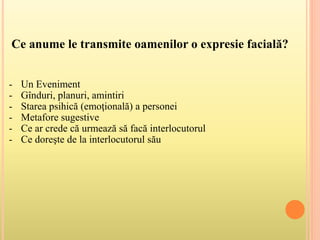 Ce anume le transmite oamenilor o expresie facială?
- Un Eveniment
- Gînduri, planuri, amintiri
- Starea psihică (emoţională) a personei
- Metafore sugestive
- Ce ar crede că urmează să facă interlocutorul
- Ce doreşte de la interlocutorul său
 