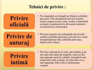 Tehnici de privire :
• Ne imaginăm un triunghi pe fruntea celeilalte
persoane. Prin menținerea privirii noastre
numai asupra acestei zone, creăm o atmosferă
serioasă și partenerul își dă seamă instinctiv
că afacerea ne interesează.
Privire
oficială
• Privirea noastră este îndreptată sub nivelul
ochilor celeilalte persoane, privind tot o zonă
triunghiulară pe fața celeilalte persoane,
dintre ochi si buze.
Privire de
anturaj
• Privirea coboară de la ochi, spre bărbie și de
aici spre alte părți ale trupului: cînd cei doi
stau aproape unul de celalalt, triunghiul este
situat între ochi și piept, iar cînd stau ceva
mai departați, între ochi și încheietura
coapsei.
Privire
intimă
 