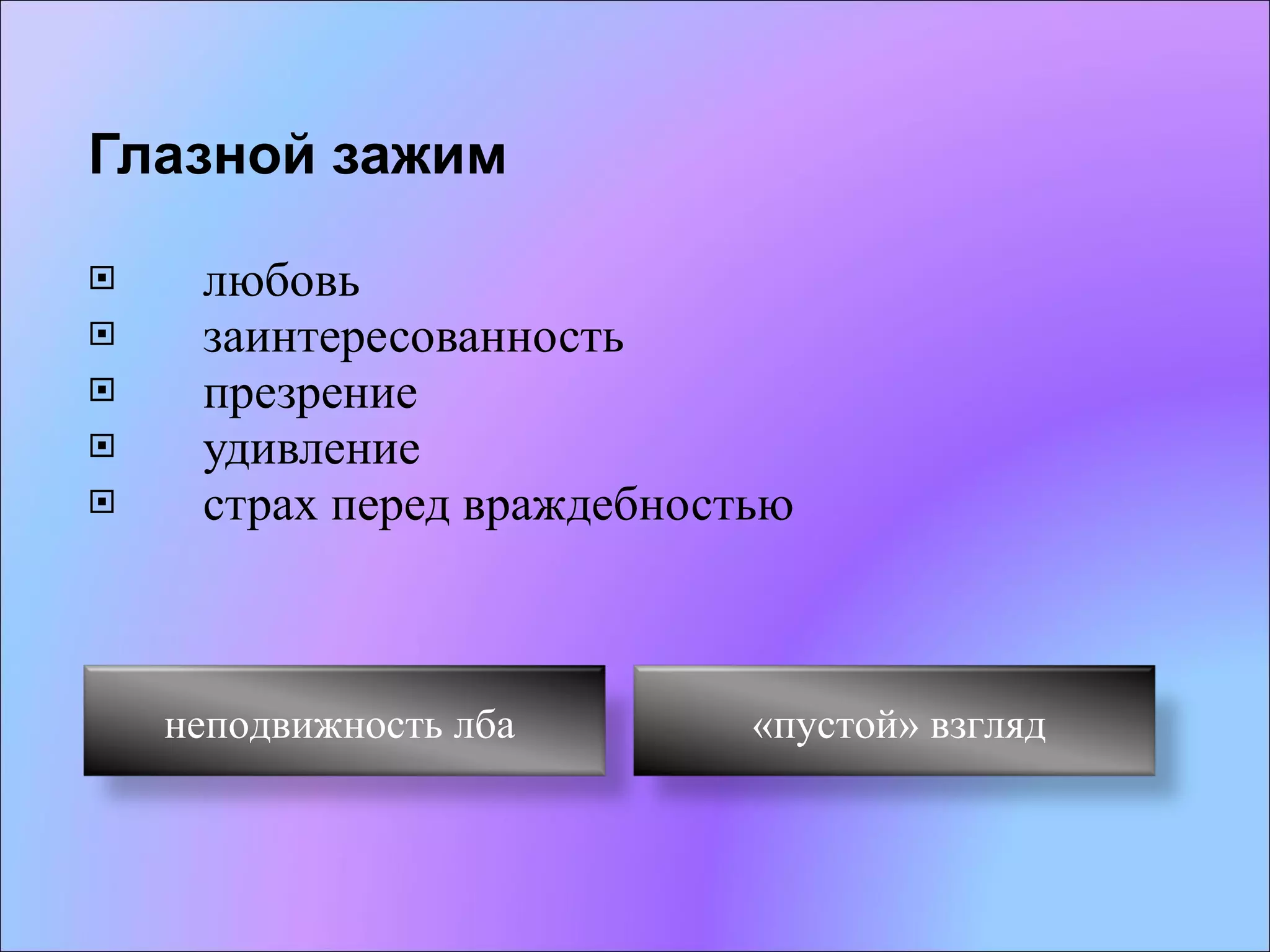 Глазной зажим любовь заинтересованность презрение  удивление  страх перед враждебностью неподвижность лба  «пустой» взгляд 