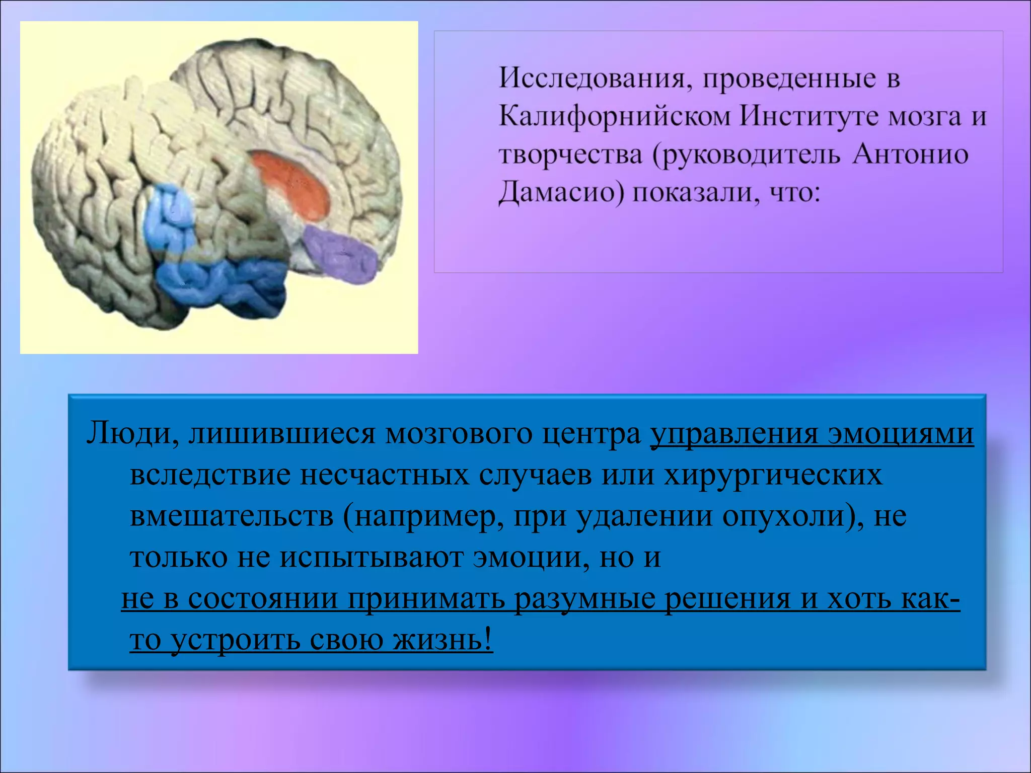 Люди, лишившиеся мозгового центра  управления эмоциями  вследствие несчастных случаев или хирургических вмешательств (например, при удалении опухоли), не только не испытывают эмоции, но и  не в состоянии принимать разумные решения и хоть как-то устроить свою жизнь! 