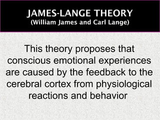 JAMES-LANGE THEORY
(William James and Carl Lange)

This theory proposes that
conscious emotional experiences
are caused by the feedback to the
cerebral cortex from physiological
reactions and behavior

 