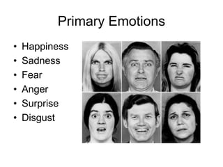 Primary Emotions
• Happiness
• Sadness
• Fear
• Anger
• Surprise
• Disgust
 