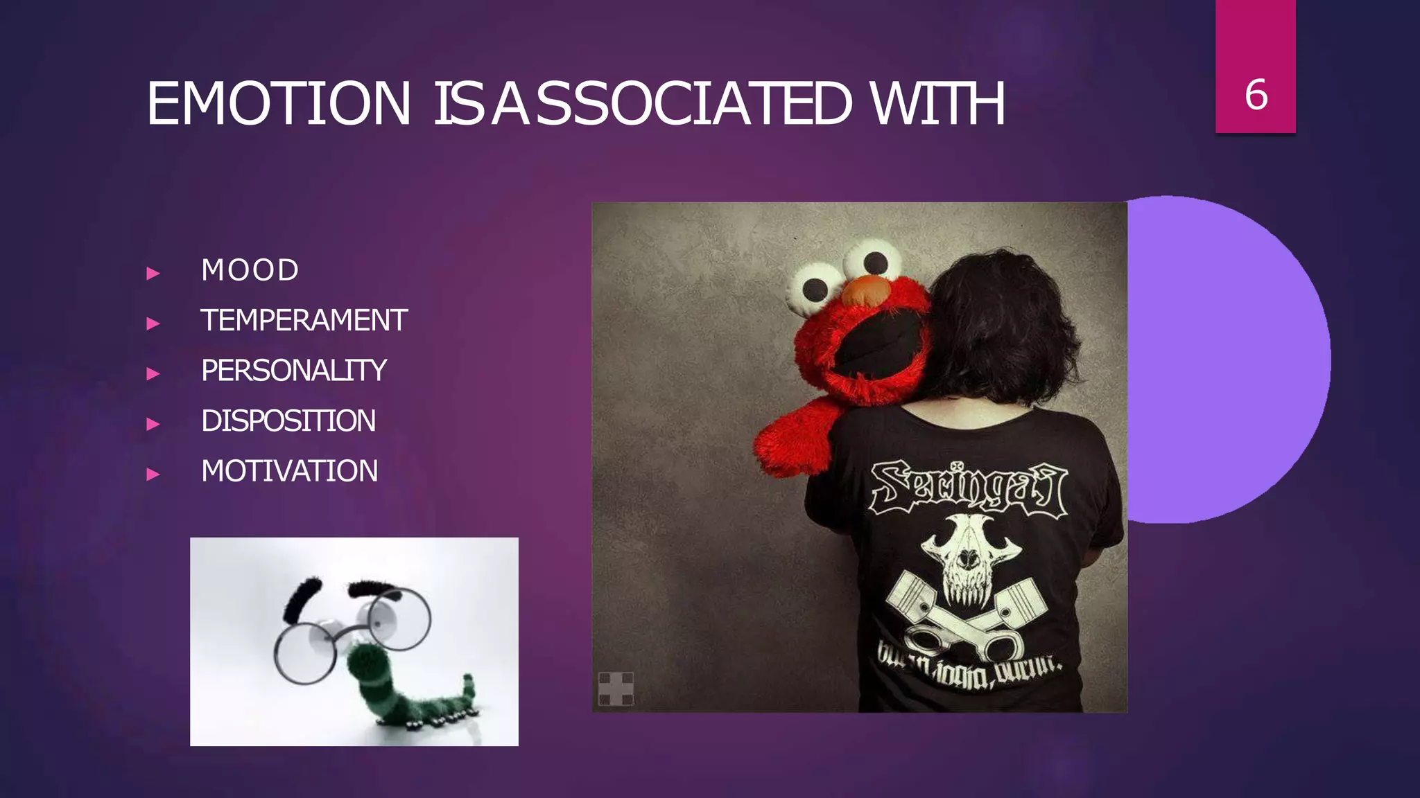 EMOTION ISASSOCIATED WITH
▶ MOOD
▶ TEMPERAMENT
▶ PERSONALITY
▶ DISPOSITION
▶ MOTIVATION
6
 