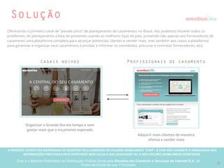 A PRESENTE OFERTA FOI DISPENSADA DE REGISTRO PELA COMISSÃO “CVM”. A CVMA NÃO GARANTE A VERACIDADE DAS INFORMAÇÕES PRESTADAS PELO PRESENTE OFERTANTE NEM JULGA SUA QUALIDADE
OU A DOS VALORES MOBILIÁRIOS OFERTADOS
Este é o Material Publicitário da Distribuição Pública Direta pela Broota Emotion.me Serviços de Apoio Administrativos SPE LTDA-ME, de Títulos de Dívida de sua 1ª Emissão 11
Oportunidade
* 2011 Cláudia Noivas: pesquisa com mais de 3500 noivas que desejam se casar nos próximos 3 anos
CASAIS NOIVOS PROFISSIONAIS DE CASAMENTO
O processo complexo, estressante e caro
de preparar e organizar um casamento.
A falta de opções* para adquirir clientes
(noivos) online de maneira efetiva.
* Canais online limitados e fragmentados
"As noivas sentem falta de um local que possa guiá-las desde a decisão do noivado até a
lua de mel, um local que forneça conteúdo sobre o mundo bridal, e que ofereça um ótimo
serviço. Tudo em um só lugar."
 