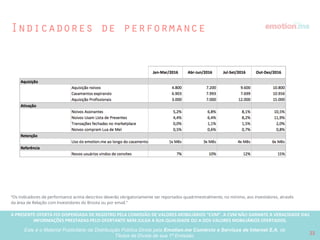 A PRESENTE OFERTA FOI DISPENSADA DE REGISTRO PELA COMISSÃO “CVM”. A CVMA NÃO GARANTE A VERACIDADE DAS INFORMAÇÕES PRESTADAS PELO PRESENTE OFERTANTE NEM JULGA SUA QUALIDADE
OU A DOS VALORES MOBILIÁRIOS OFERTADOS
Este é o Material Publicitário da Distribuição Pública Direta pela Broota Emotion.me Serviços de Apoio Administrativos SPE LTDA-ME, de Títulos de Dívida de sua 1ª Emissão 22
Projeções financeiras
"As estimativas e projeções aqui descritas não representam e nem devem ser consideradas, a qualquer momento e sob qualquer hipótese, como promessa,
garantia ou sugestão de rentabilidade futura aos investidores.”
 