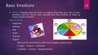 Basic Emotions
 Ekman's findings have led some to propose that there are a set of basic
emotions that are shared cross culturally and that combine to make up
more complex emotions.
Basic Emotions
 Happiness
 Sadness
 Fear
 Anger
 Surprise
 Disgust
There can be combined to yield more complex emotions like-
1. anger + disgust + contempt
2. sadness + surprise + disappointment.
10
 