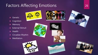 Factors Affecting Emotions
 Genetic
 Cognition
 Memory
 External Stimuli
 Health
 Circadian Rhythm
 Meditation.
26
 