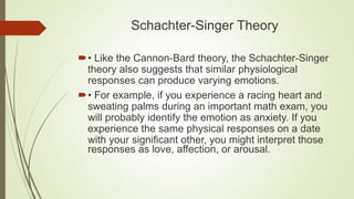 Schachter-Singer Theory
• Like the Cannon-Bard theory, the Schachter-Singer
theory also suggests that similar physiological
responses can produce varying emotions.
• For example, if you experience a racing heart and
sweating palms during an important math exam, you
will probably identify the emotion as anxiety. If you
experience the same physical responses on a date
with your significant other, you might interpret those
responses as love, affection, or arousal.
 
