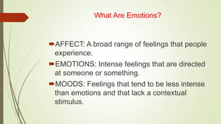 What Are Emotions?
AFFECT: A broad range of feelings that people
experience.
EMOTIONS: Intense feelings that are directed
at someone or something.
MOODS: Feelings that tend to be less intense
than emotions and that lack a contextual
stimulus.
 