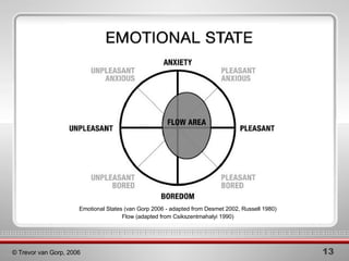 Emotional States   (van Gorp 2006 - adapted from Desmet 2002, Russell 1980) Flow   (adapted from Csikszentmahalyi 1990) 