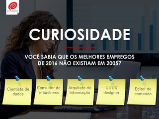 CURIOSIDADE
VOCÊ SABIA QUE OS MELHORES EMPREGOS
DE 2016 NÃO EXISTIAM EM 2005?
Arquiteto de
Informação
UI/UX
designer
Consultor de
e-business
Cientista de
dados
Editor de
conteúdo
 