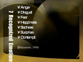 7  Recognized  Emotions Anger Disgust Fear Happiness Sadness Surprise Contempt  ( Matsumoto, 1994) 