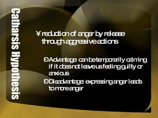 Catharsis Hypothesis reduction of anger by release through aggressive actions Advantage: can be temporarily calming if it does not leave us feeling guilty or anxious Disadvantage: expressing anger leads to more anger 