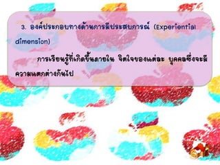 3. องค์ประกอบทางด้านการมีประสบการณ์ (Experiential
dimension)
การเรียนรู้ที่เกิดขึ้นภายใน จิตใจของแต่ละ บุคคลซึ่งจะมี
ความแตกต่างกันไป
 
