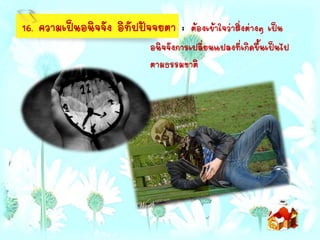 16. ความเป็นอนิจจัง อิทัปปัจจยตา : ต้องเข้าใจว่าสิ่งต่างๆ เป็น
อนิจจังการเปลี่ยนแปลงที่เกิดขึ้นเป็นไป
ตามธรรมชาติ
 