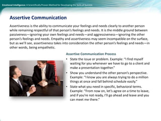Emotional Intelligence: A Scientifically Proven Method for Developing the Skills of Success
Assertiveness is the ability to communicate your feelings and needs clearly to another person
while remaining respectful of that person’s feelings and needs. It is the middle ground between
passiveness—ignoring your own feelings and needs—and aggressiveness—ignoring the other
person’s feelings and needs. Empathy and assertiveness may seem incompatible on the surface,
but as we’ll see, assertiveness takes into consideration the other person’s feelings and needs—in
other words, being empathetic.
Assertive Communication Process
• State the issue or problem. Example: “I find myself
waiting for you whenever we have to go to a client and
make a presentation together.”
• Show you understand the other person’s perspective.
Example: “I know you are always trying to do a million
things at once and fall behind schedule easily.”
• State what you need in specific, behavioral terms.
Example: “From now on, let’s agree on a time to leave,
and if you’re not ready, I’ll go ahead and leave and you
can meet me there.”
Assertive Communication
 